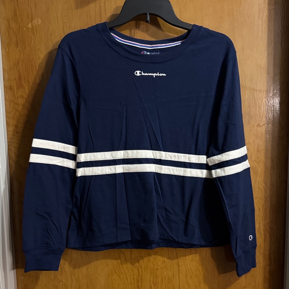 Champion Dark Blue Crewneck with White Stripes